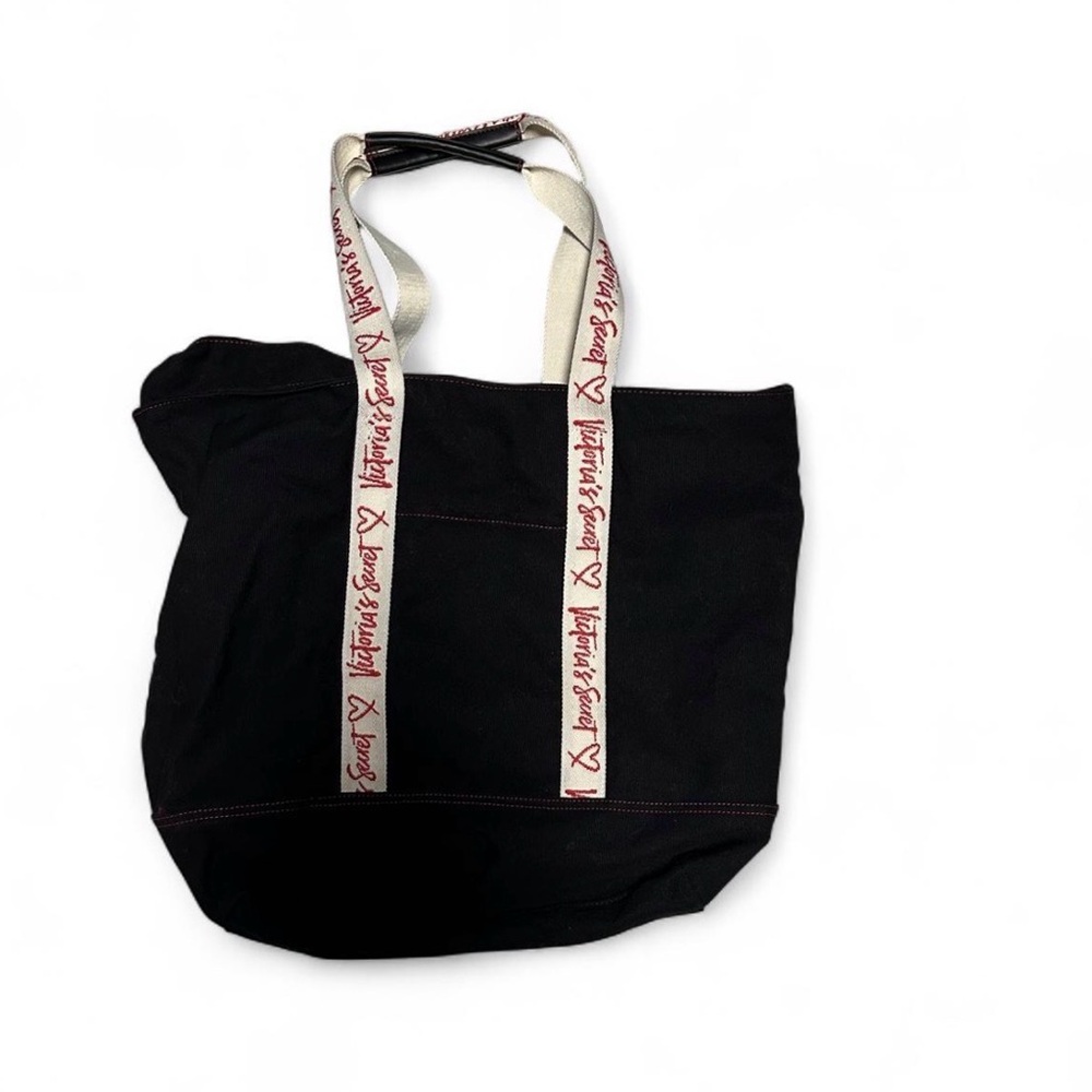 Victoria's Secret Black Canvas Tote with Ivory Logo Straps